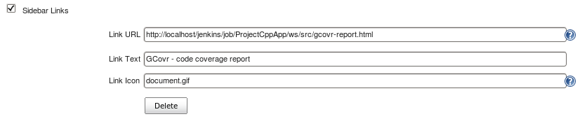 Jenkins Sidebar link for HTML gcovr report