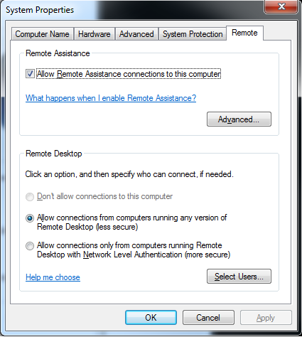 Microsoft Windows 7 system remote properties GUI