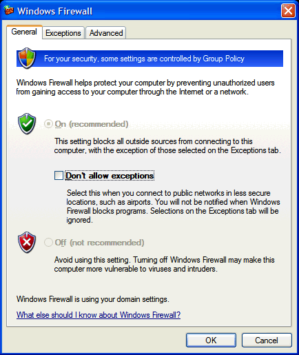 Microsoft Windows firewall settings